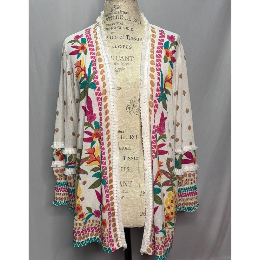 Chicos Tropical Pineapple Floral Fringe Cardigan Sweater Size 2 L Open Front